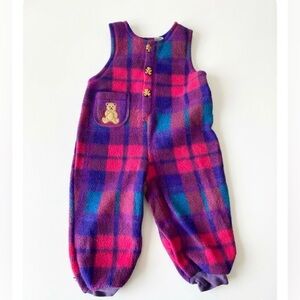 Vintage Bebe Eaton Baby Fleece Romper 24M Purple Plaid Bear Buttons 90s